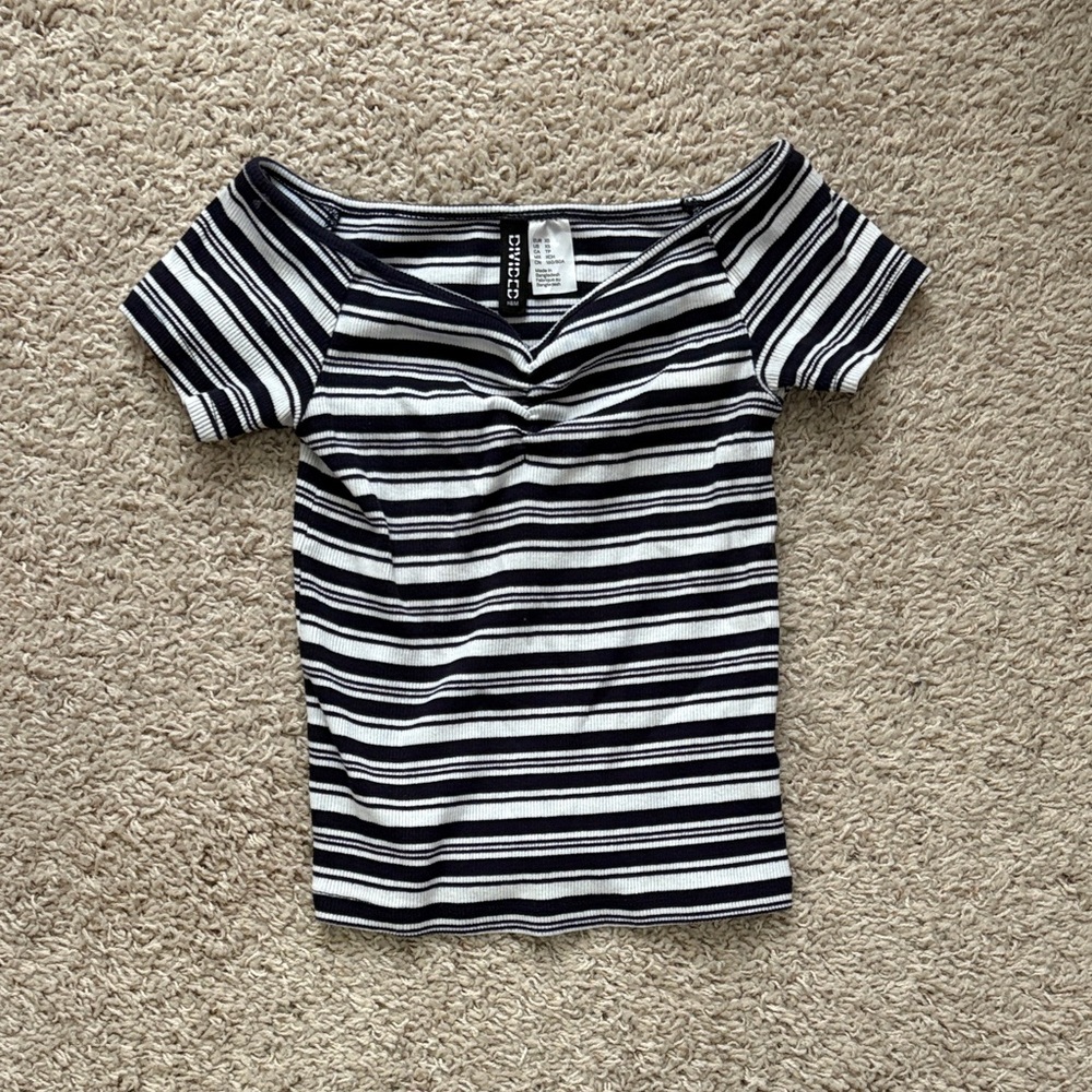 Navy and White Striped Off-Shoulder Baby Tee
